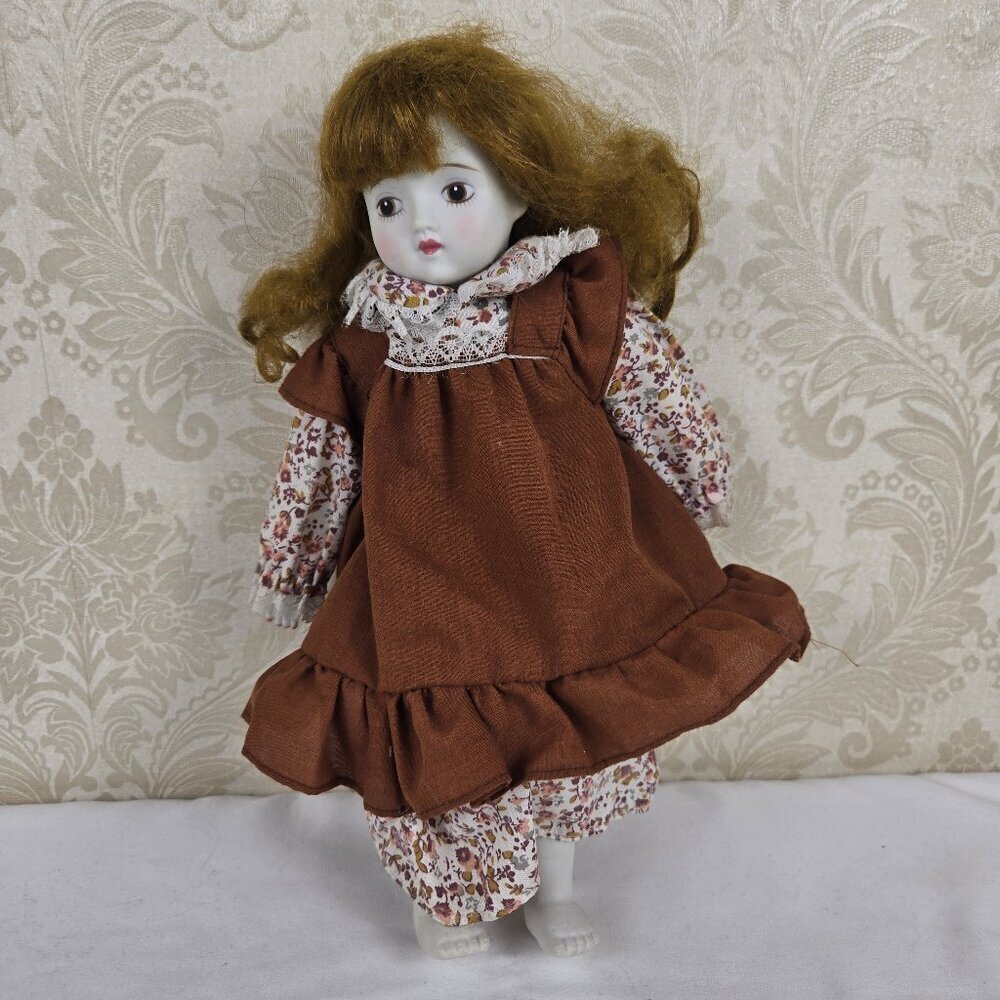 Vintage Porcelain Doll Strawberry Blond Hair Floral Print Dress Rust Overdress